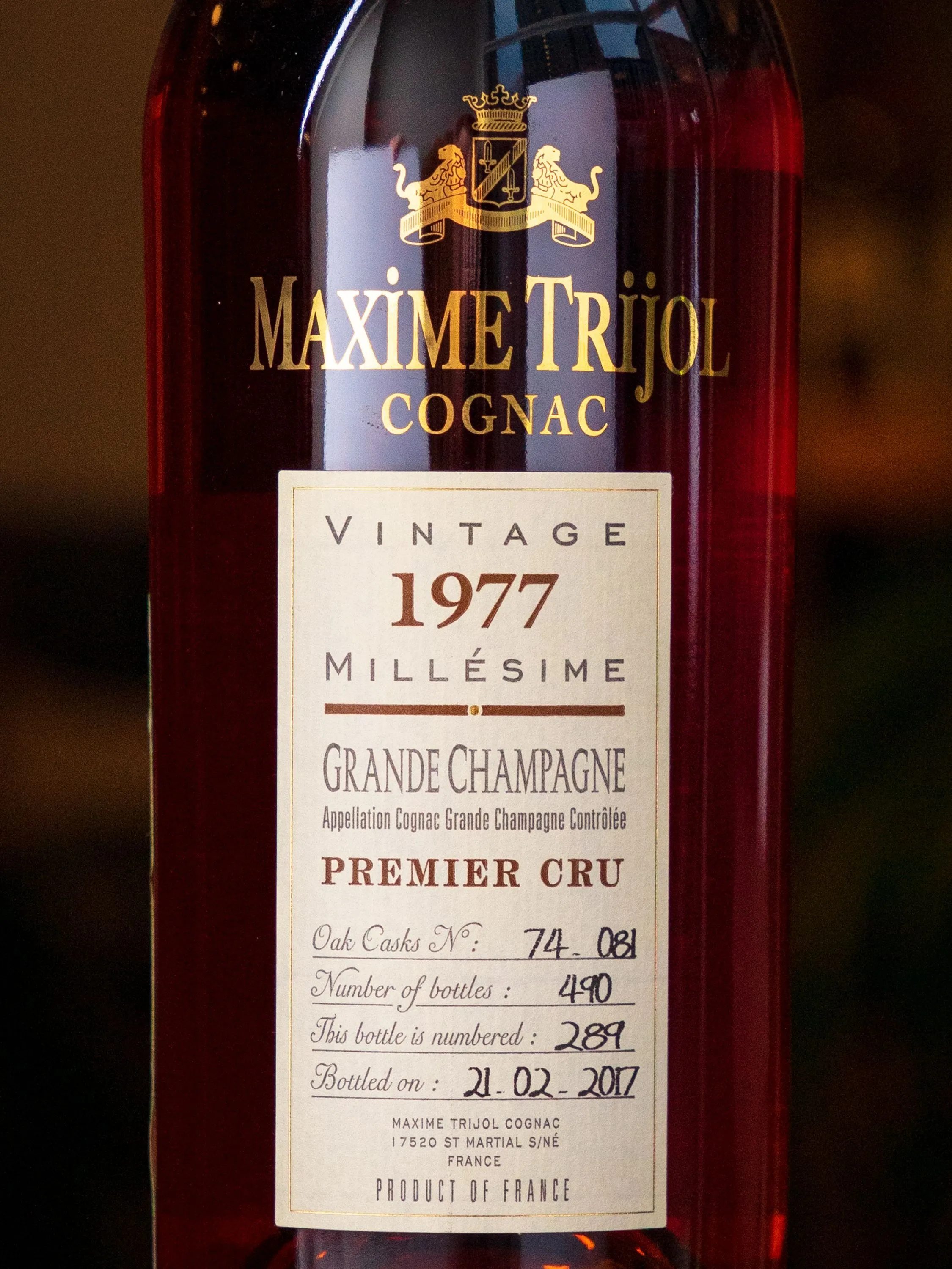 Этикетка Maxime Trijol Grande Champagne Premier Cru 1977