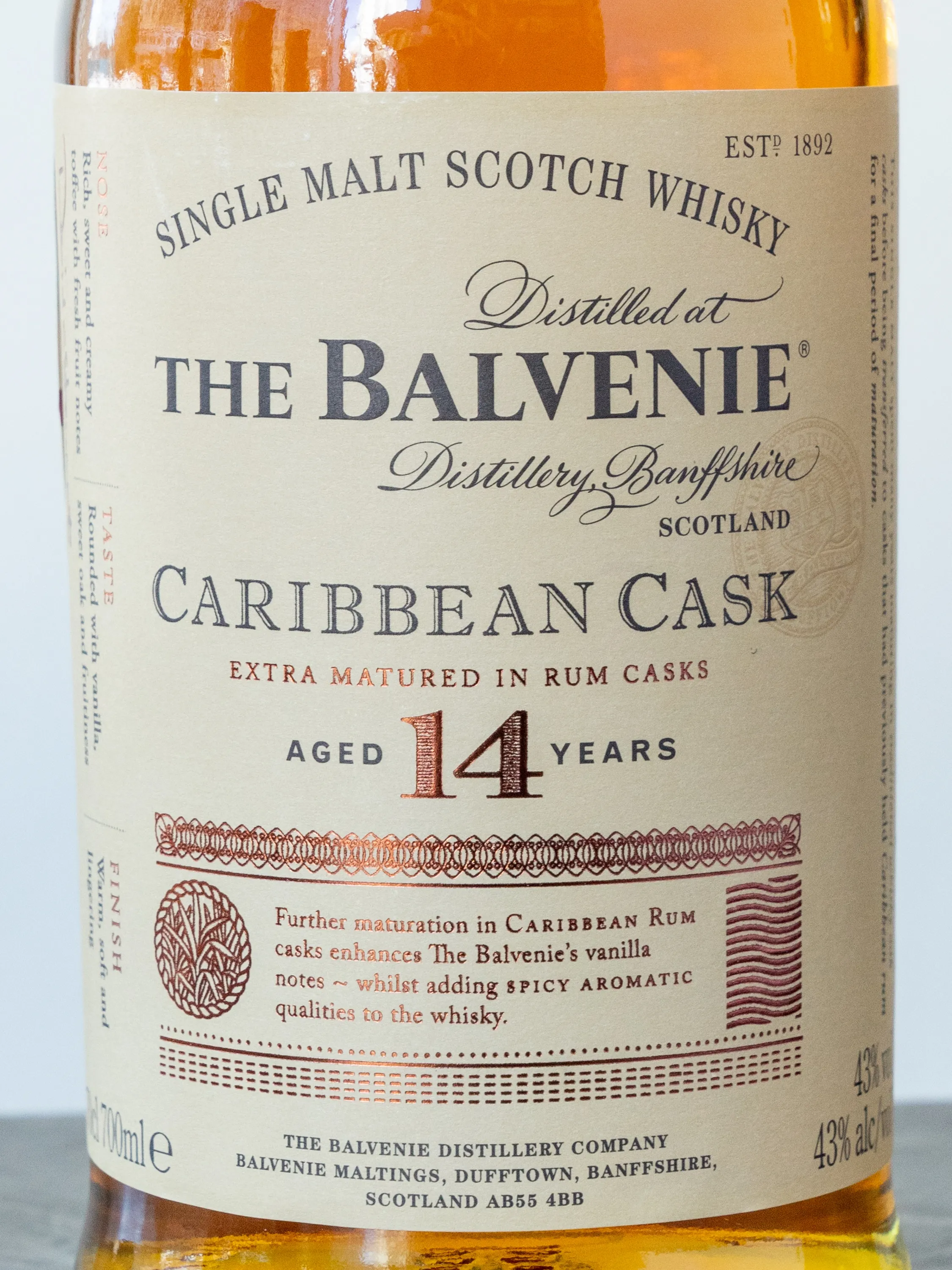 Этикетка Balvenie Caribbean Cask 14 Years Old