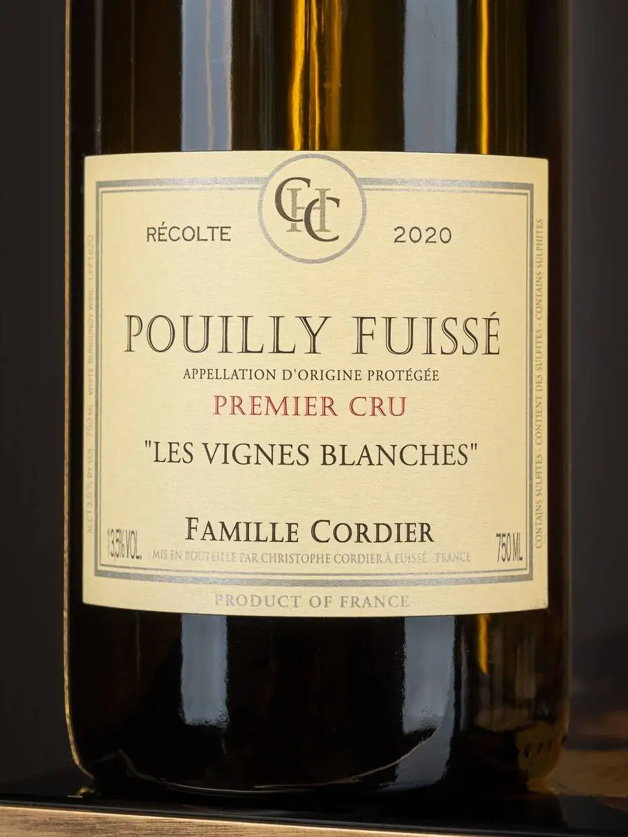 Этикетка Famille Cordier Les Vignes Blanches Pouilly Fuisse Premier Cru AOC 2020