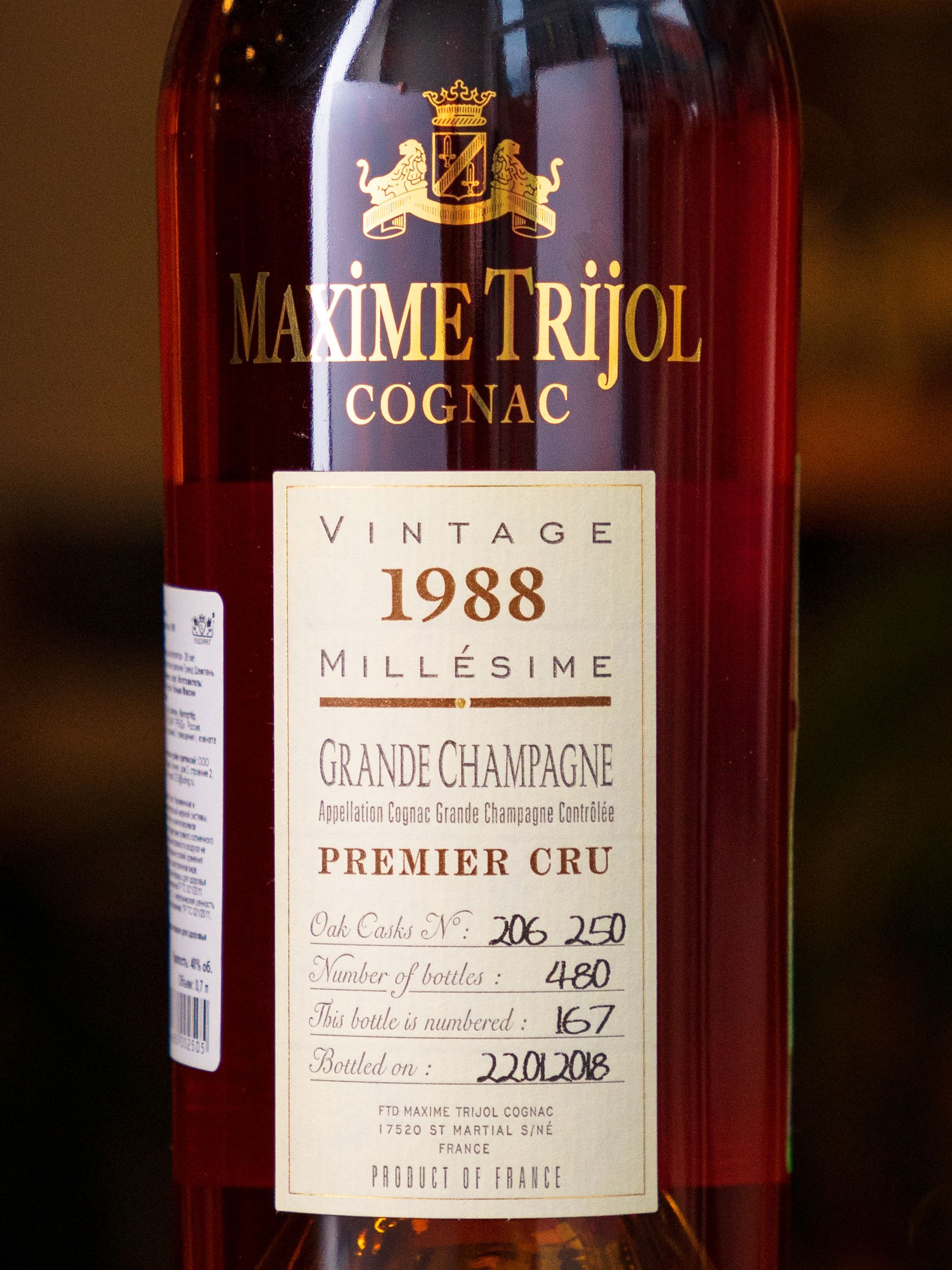 Этикетка Maxime Trijol Grand Champagne 1988